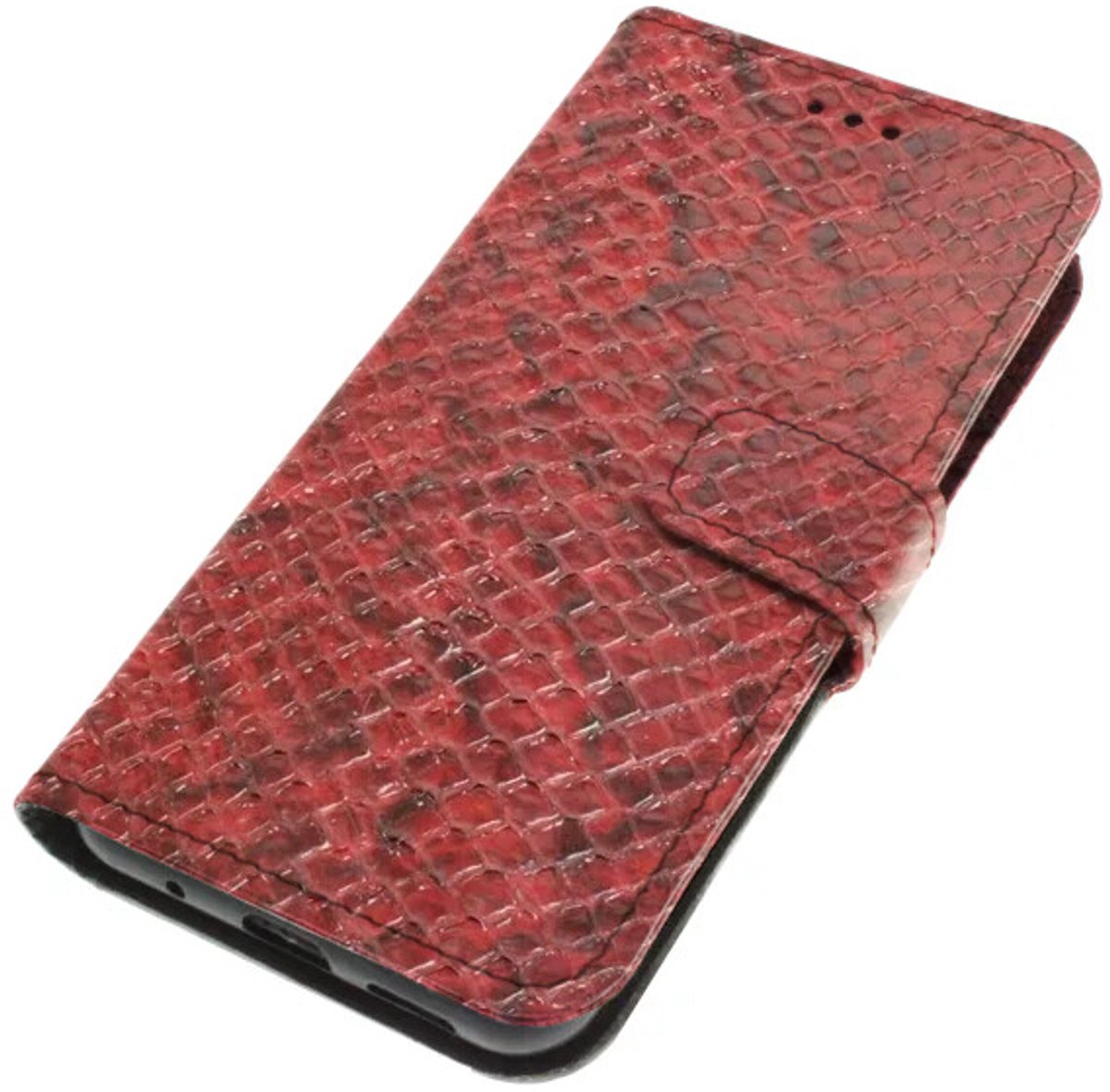 Echt leer hoesje geschikt voor Samsung Galaxy S26 robuuste leer stug kalfsleer – slang reliëf rood / zwart