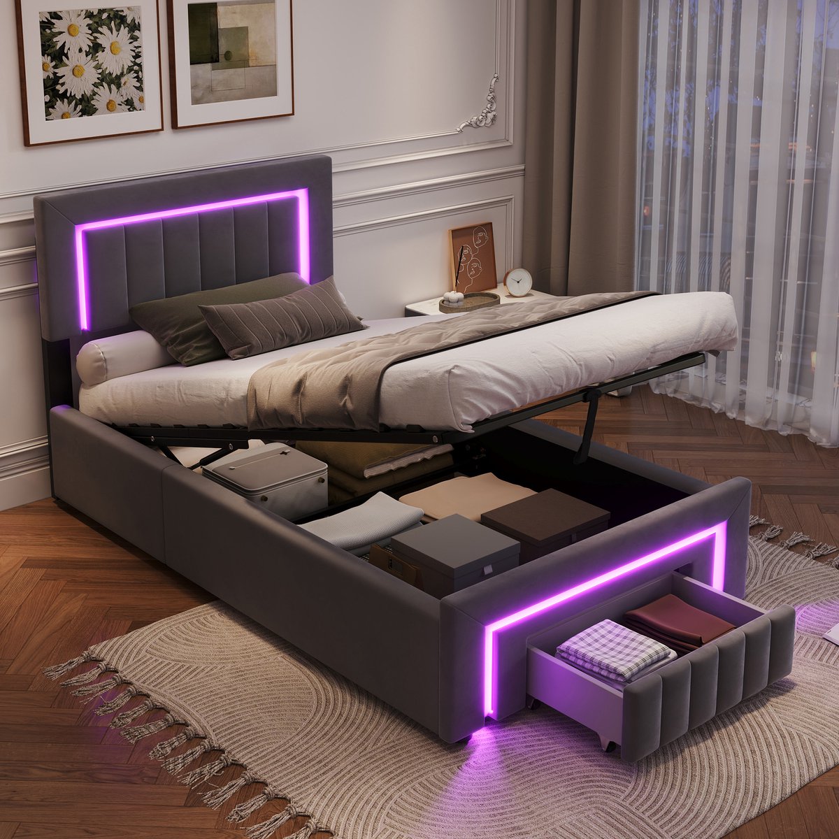OKWISH Opbergbed 90x200 Cm - Met Laden En Opbergruimte - LED Verlichting - Fluweel Bekleed - Donkergrijs