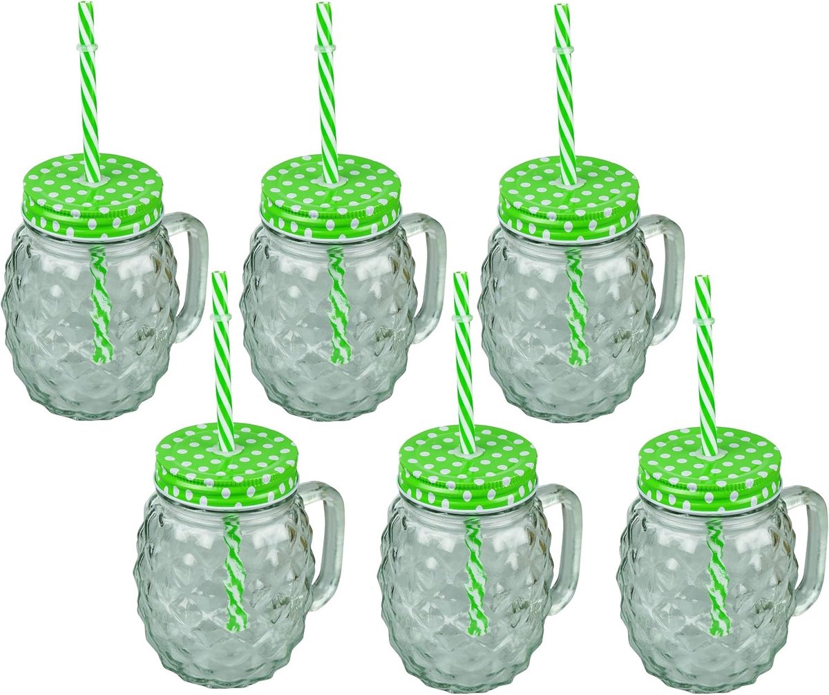 Set van 6 Drinkglazen met Rietje en Deksel in Ananas Design - 400 ml