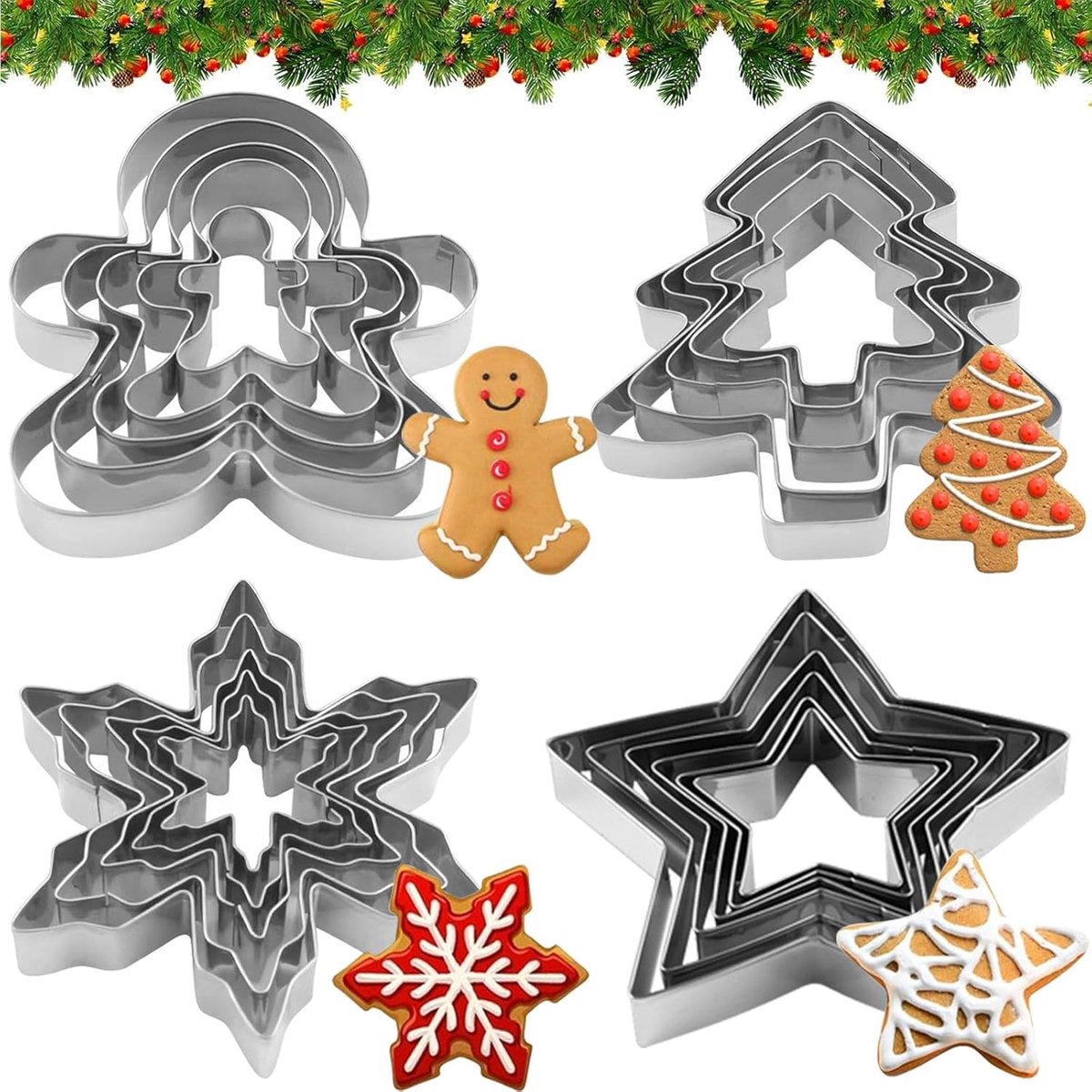 20-delige Kerst Koekjesvormpjes Set - Kerstboom, Peperkoekman, Sneeuwvlok & Ster (RVS)