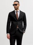 Man met zonnebril, gestreepte blouse, bruine das en zwarte blazer.