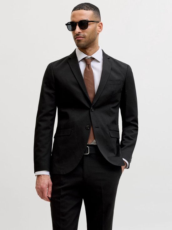 Man met zonnebril, gestreepte blouse, bruine das en zwarte blazer.