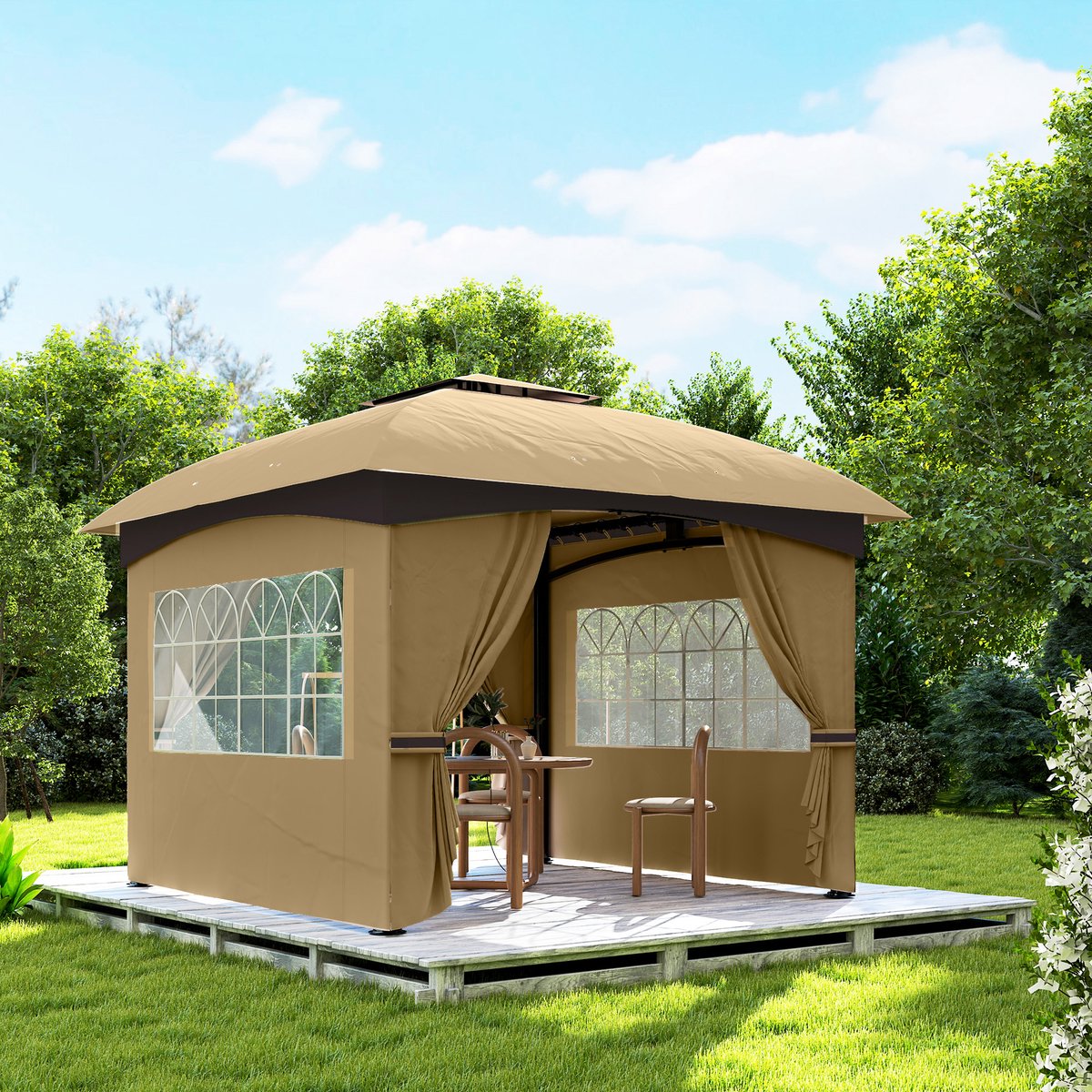 Wishdor - Paviljoen - Dubbel Dak - UV-Bescherming - Voor Buiten - Polyester En Metaal - Beige - 335 X 335 X 285 Cm