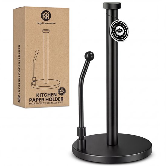 Porte-rouleau de cuisine noir en acier inoxydable avec boîte Regal Houseware.