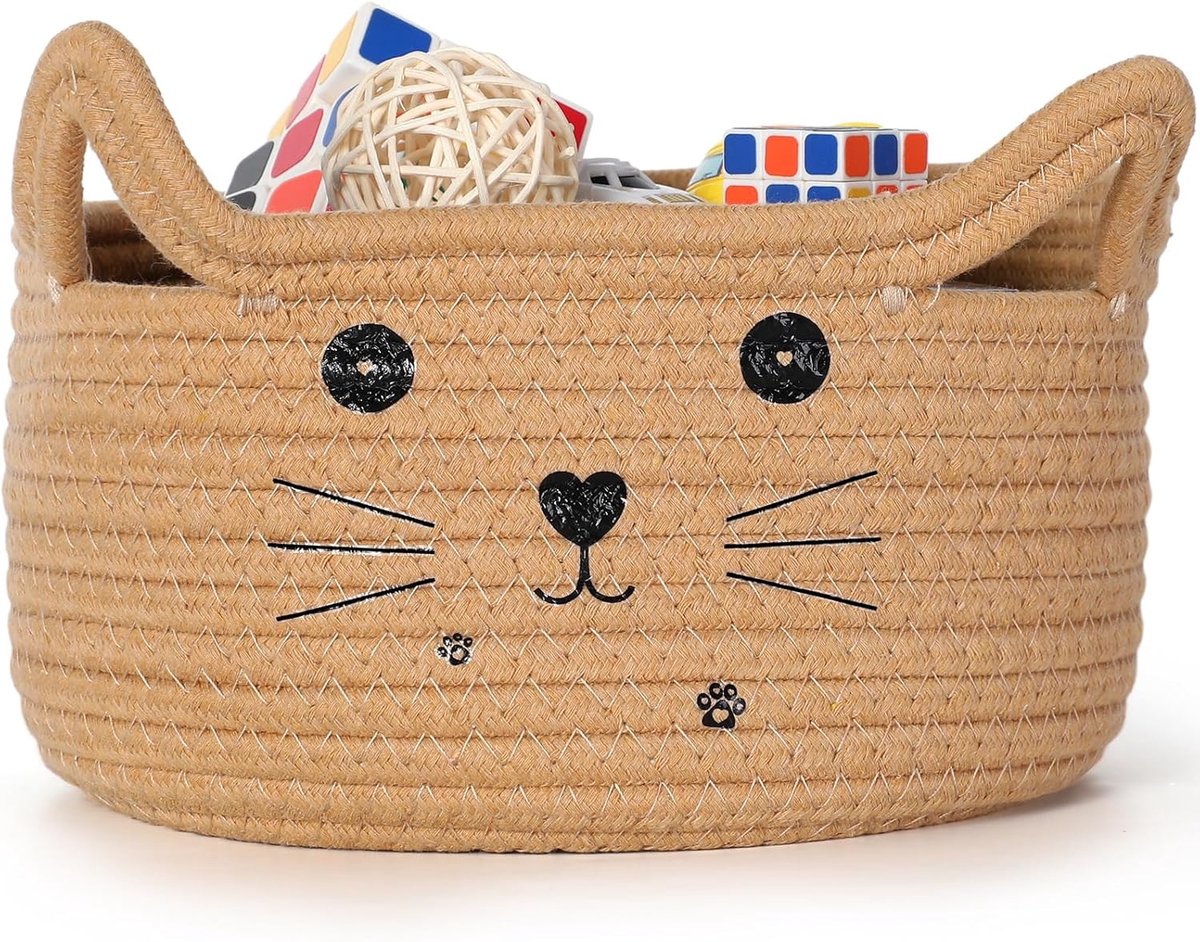 Opbergmand voor katten, geweven opbergdoos met oortjes, schattige katoenen touwmand, geschikt als cadeau, speelgoedmand voor katten en honden, of opbergmand voor de babykamer (khaki).