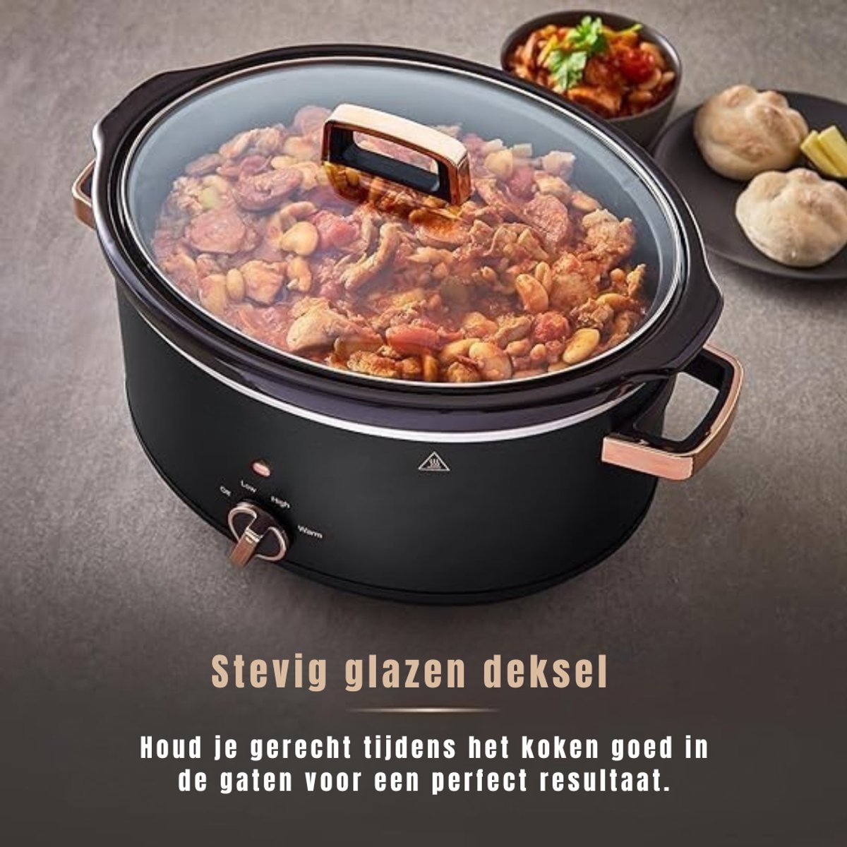 DYNA® Slowcooker met Timer - Crockpot - Stoompot - Inclusief Warmhoudfunctie - 6.5 Liter - Zwart -30cm x 42cm x 26cm – foto 5