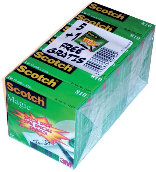 Scotch plakband Magic Tape formaat 19 mm x 33 m pak van 6 rollen