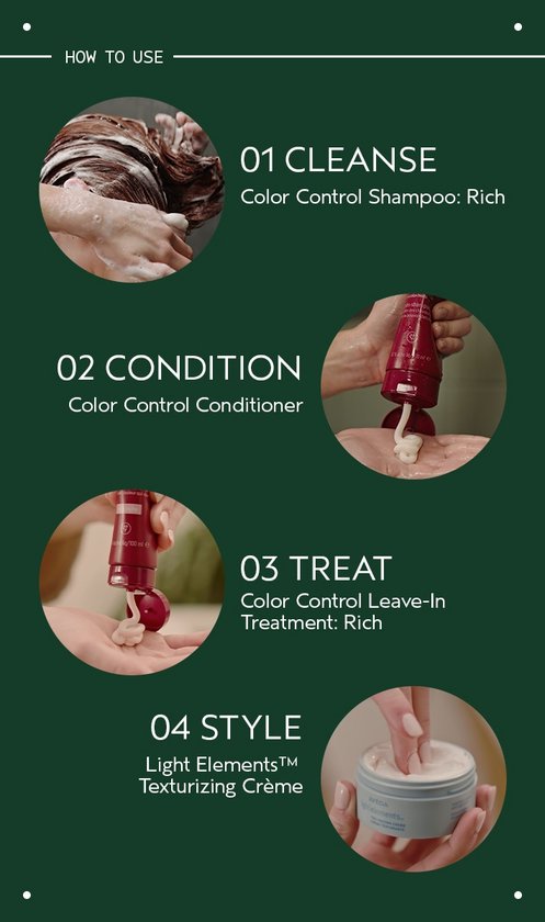 Stappenplan voor haarverzorging: reinigen, conditioneren, behandelen en stylen met Aveda producten.