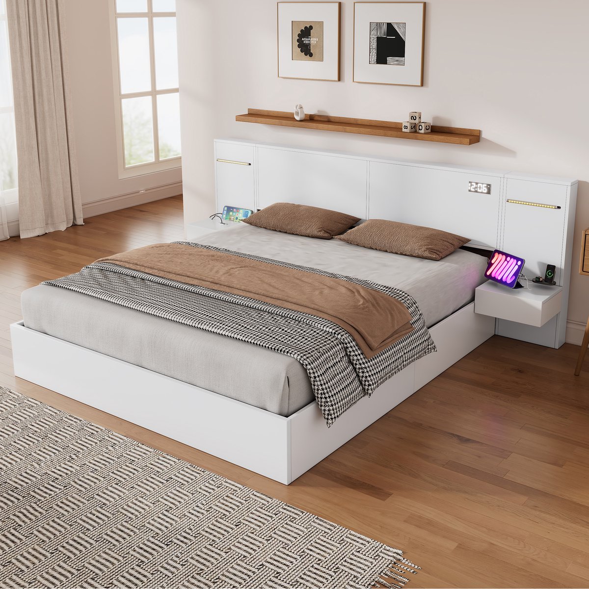 MODFU Bedframe 180x200 cm – Wit MDF – Met Bluetooth-speaker, LED & 2 Nachtkastjes – USB-A & USB-C – Incl. Lattenbodem – Max. 272 kg – High-tech voor Moderne Slaapkamer