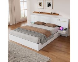 MODFU Bedframe 180x200 cm – Wit MDF – Met Bluetooth-speaker, LED & 2 Nachtkastjes – USB-A & USB-C – Incl. Lattenbodem – Max. 272 kg – High-tech voor Moderne Slaapkamer