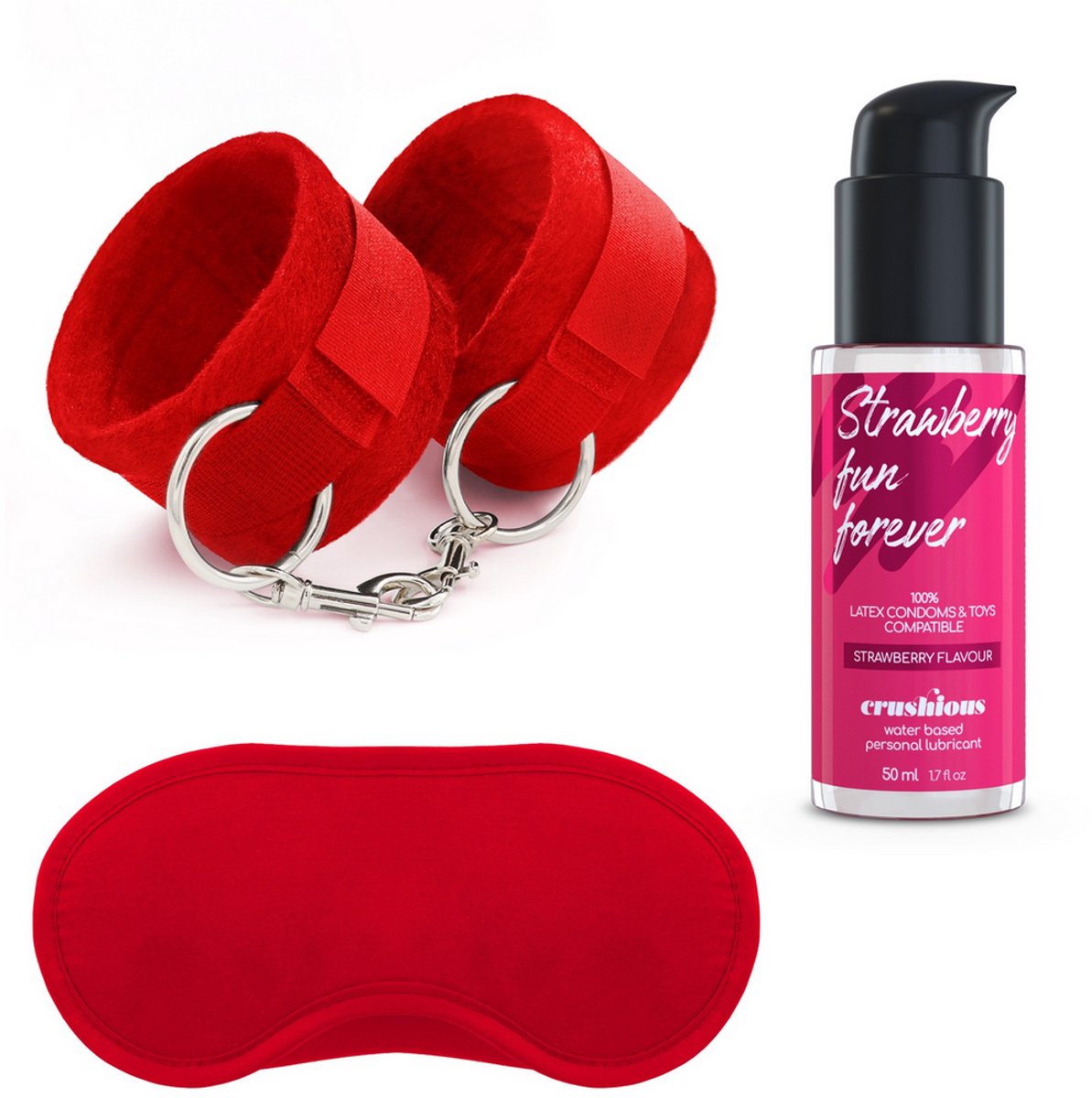 Me Lo Como - Velcro Handcuffs Set with Blindfold and Strawberry Lubricant - 1.7 fl oz / 50 ml - Red