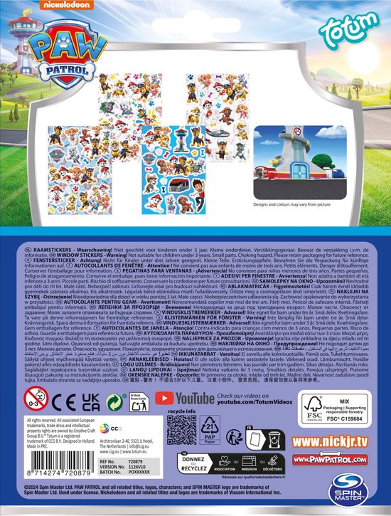 Arrière de l'emballage avec des autocollants PAW Patrol, y compris des informations sur le produit et des avertissements. Le fond montre la tour PAW Patrol.