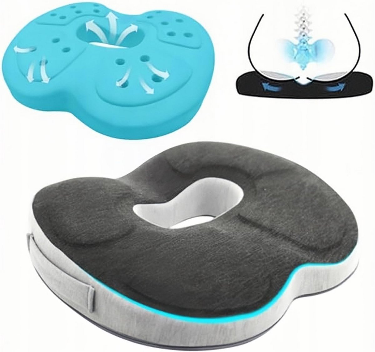 Ergonomisch Traagschuim Zitkussen - Donut Kussen voor Stuitbeen Pijnverlichting - Wasbaar