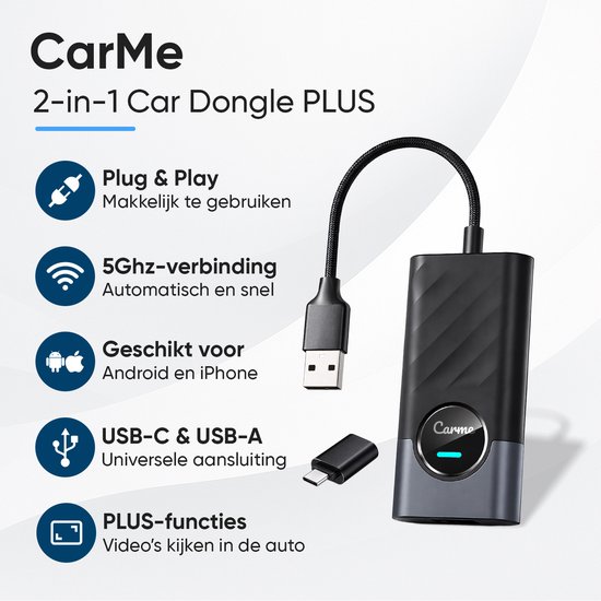 CarMe 2-in-1 Car Dongle PLUS met zwarte behuizing en blauw lichtje. Met USB-A en USB-C adapter.