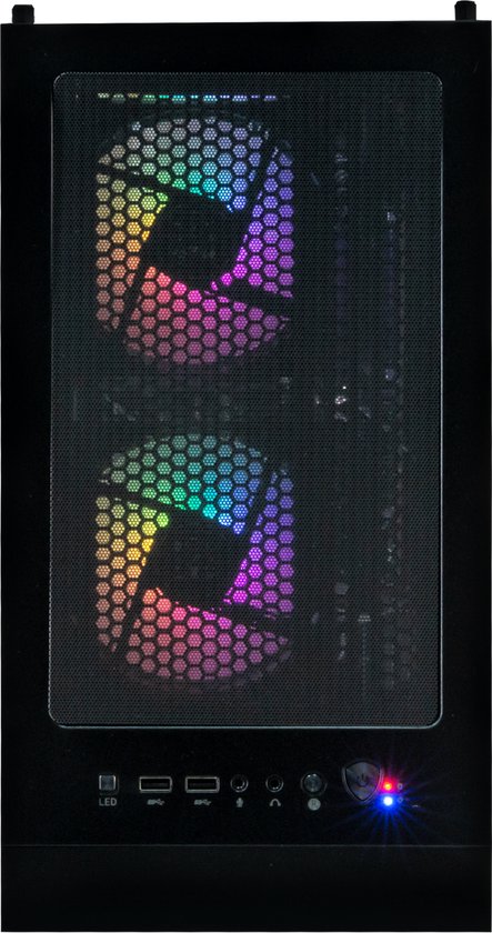 Bovenaanzicht van de MSI MAG Forge 120R Airflow pc-behuizing met rgb-ventilatoren en bedieningspaneel.