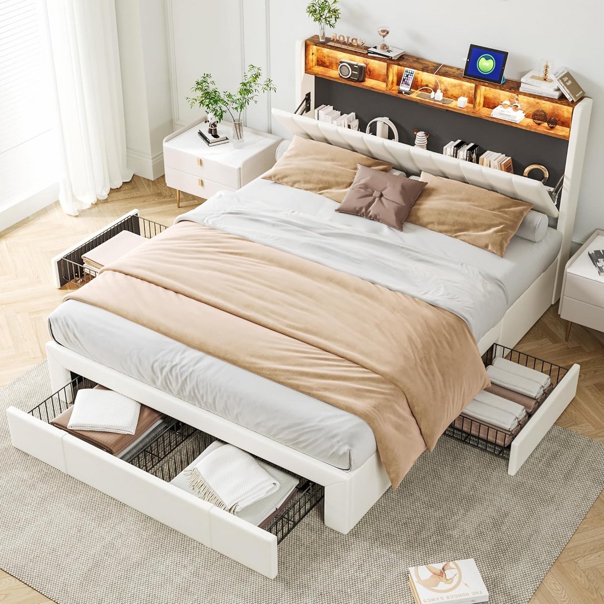 Tweepersoons Bed met Opbergruimte, LED Verlichting en USB Opladen, Velours Beige Wit 160x2