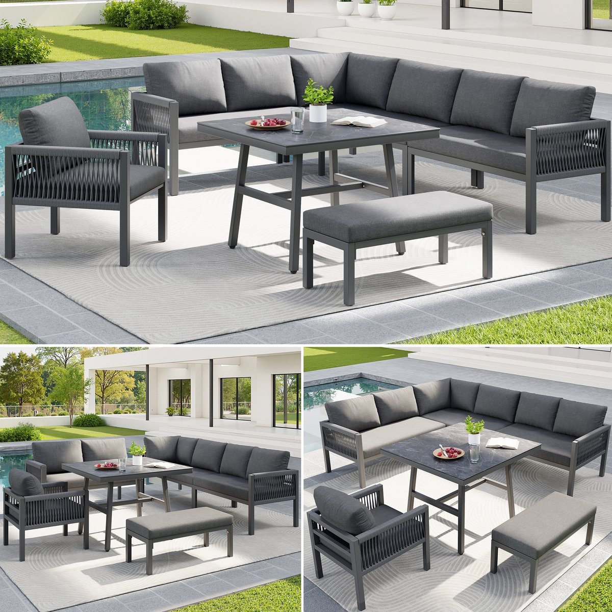 Handgevlochten L-vormige tuinbank voor tot 8 personen / stevig ijzeren frame met grijze kussens / incl. 1 tafel met marmerglazen plaat en 2 stoelen / weerbestendige terrasmeubelset