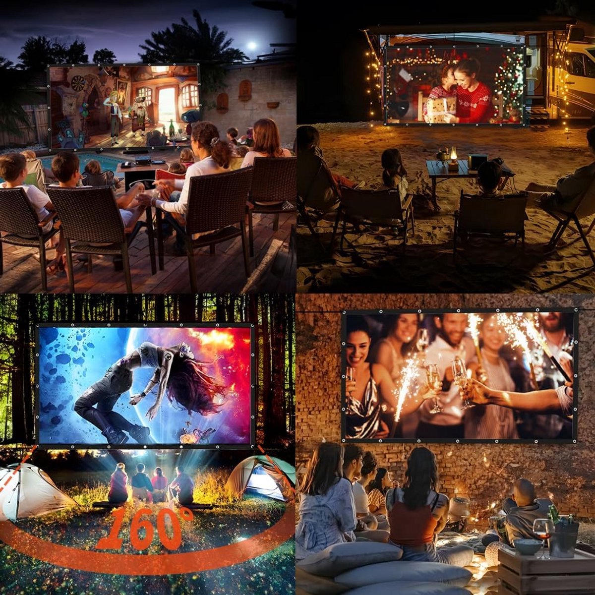 Projectorscherm 150 inch 16:9 HD 4K vouwbaar 1,6x versterking geschikt voor binnen en buiten wasbaar