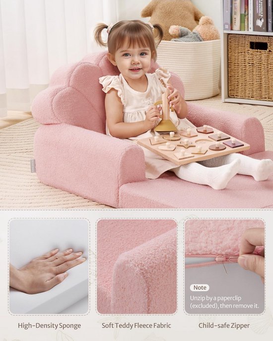Kindersofa 2-in-1 Opvouwbare Toddler Bank Meegroeiende Stoel Roze Schelpontwerp — afbeelding 3