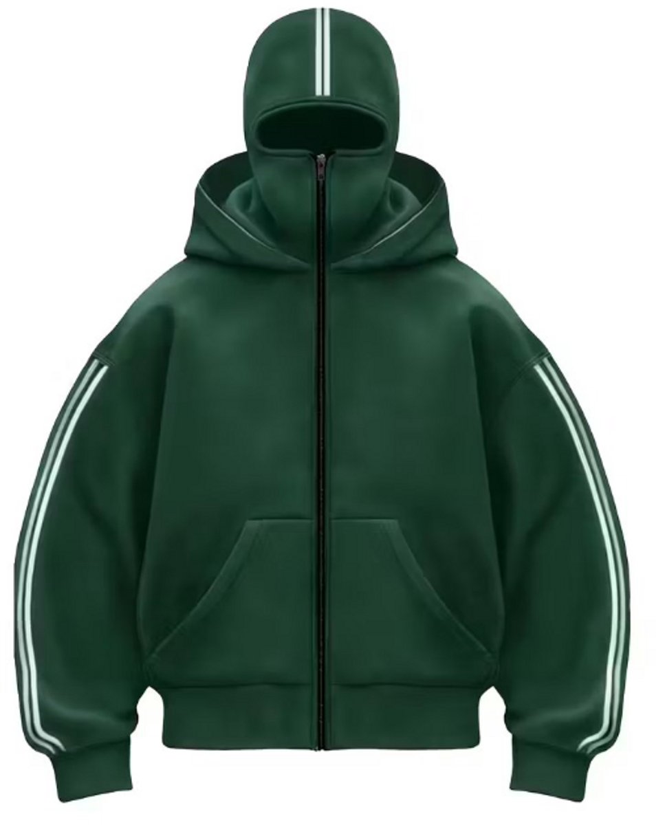 ANTI SOCIAL Ninja Hoodie Vest | S | Groen | Volledig Dichtritsbare Bivakmuts Capuchon Trui | Striped Hoody | Winddichte Hooded Oversized Sweatshirt Met Masker | Unisex | Full Zip | Oversized Fit