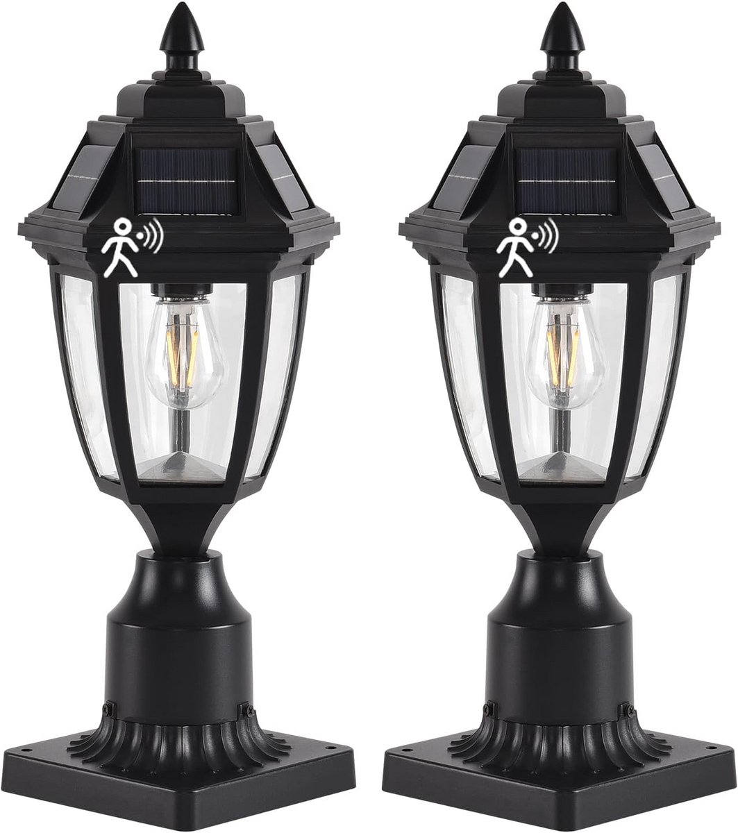 2x Zonne-energie Buitenlantaarns Schemer tot Dageraad Zwart Kolom Verlichting voor Tuin en Oprit