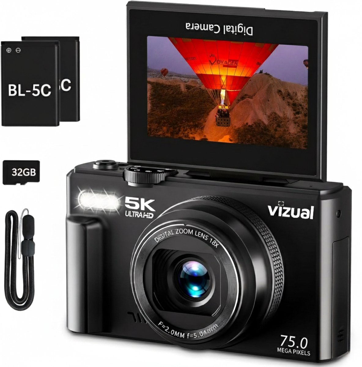 Vizual Digitale Camera - 75MP - 5K 30FPS - incl. 32gb SD kaart + 2 accu’s - Fotocamera - Compact Camera - Vlog Camera - Fototoestel