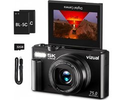 Vizual Digitale Camera - 75MP - 5K 30FPS - incl. 32gb SD kaart + 2 accu’s - Fotocamera - Compact Camera - Vlog Camera - Fototoestel