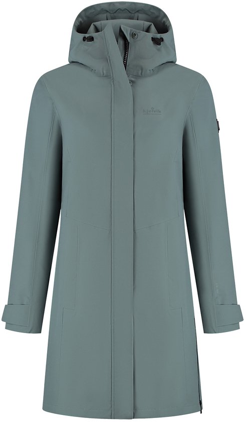 Kjelvik damesjas in een zachte blauwgroene kleur. Lange jas met capuchon, lange mouwen en functionele zakken aan de voorkant.