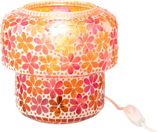 Mozaïek tafellamp met bloemenpatroon in roze en oranje tinten, staand.