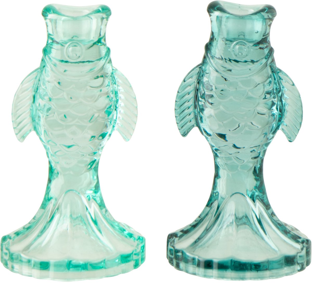 J-Line kaarshouder Vis - glas - blauw/turkoois - set van 2