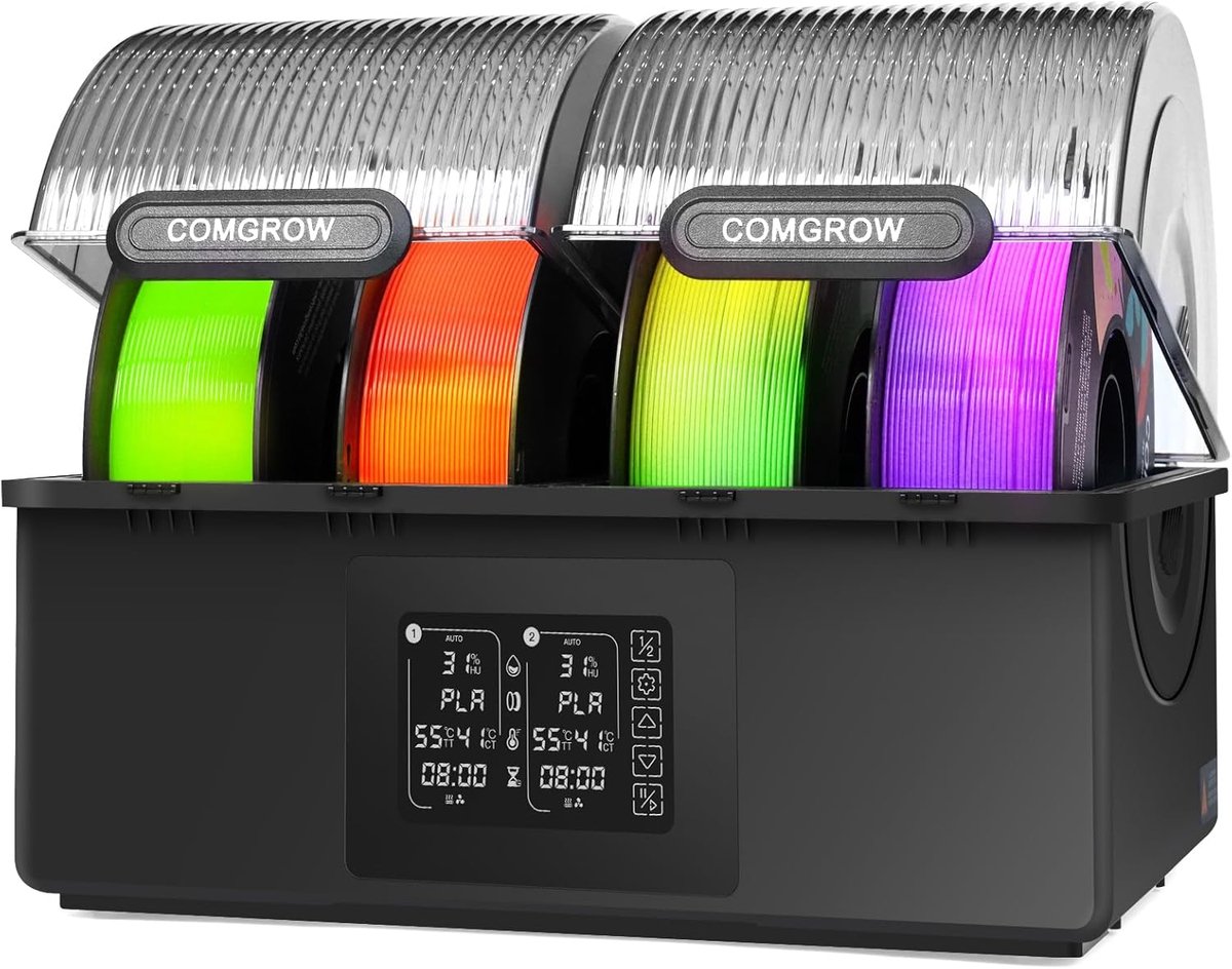 Filament Droger Box - 3D Print Opslag - Droog Filament Houden - Twee Verwarming zones - 4 Spoelen Capaciteit - Zwart