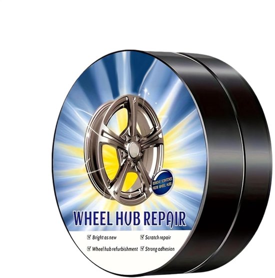 Zwart potje velgherrestel met opdruk van een zilverkleurige velg. Tekst: "WHEEL HUB REPAIR".