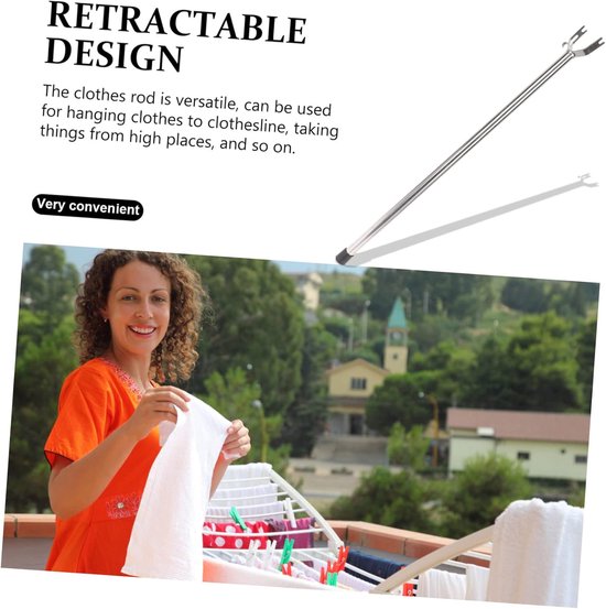 Waslijnstok Uitschuifbaar - Kledingstok Reikhaak - Kleding Ophangen Hangen - Roestvrijstaal Duurzaam - 65cm Verstelbaar - Zilver — afbeelding 4