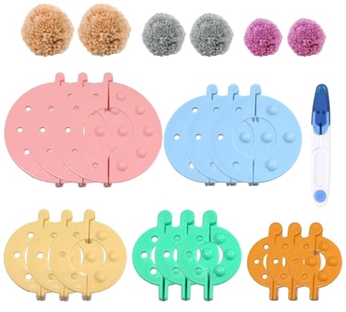 Complete set pomponmakers in 4 maten - 15 delige knutselkit met kleurrijke onderdelen