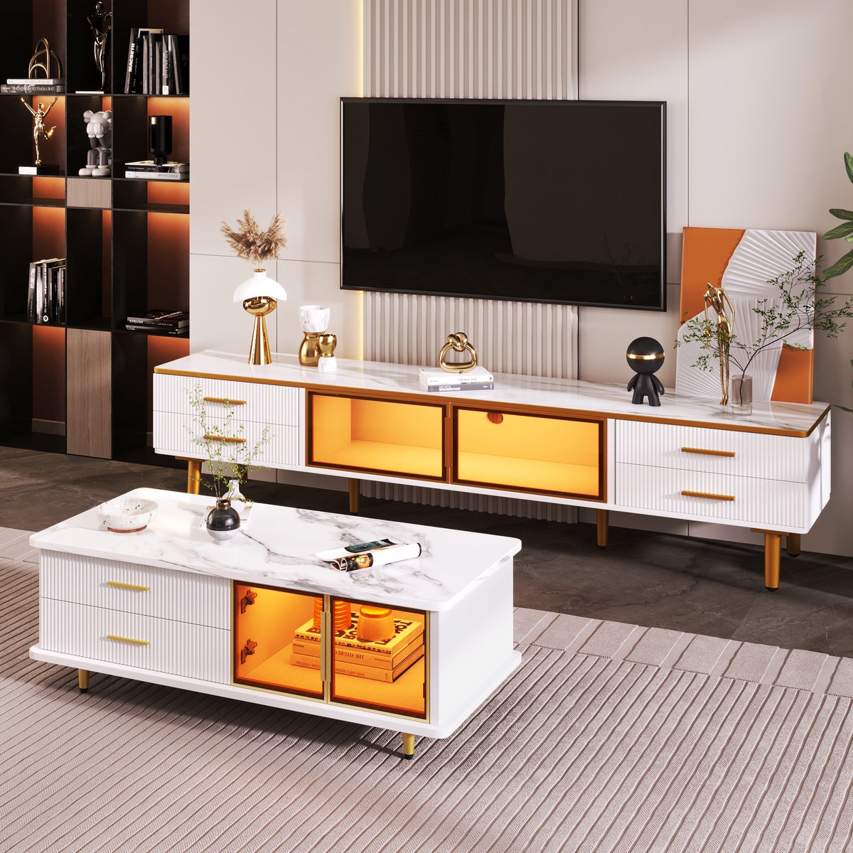MODENUIT Woonkamerset - Tv-Meubel En Salontafel Met Led, Lade En Deuren - Spaanplaat Wit -