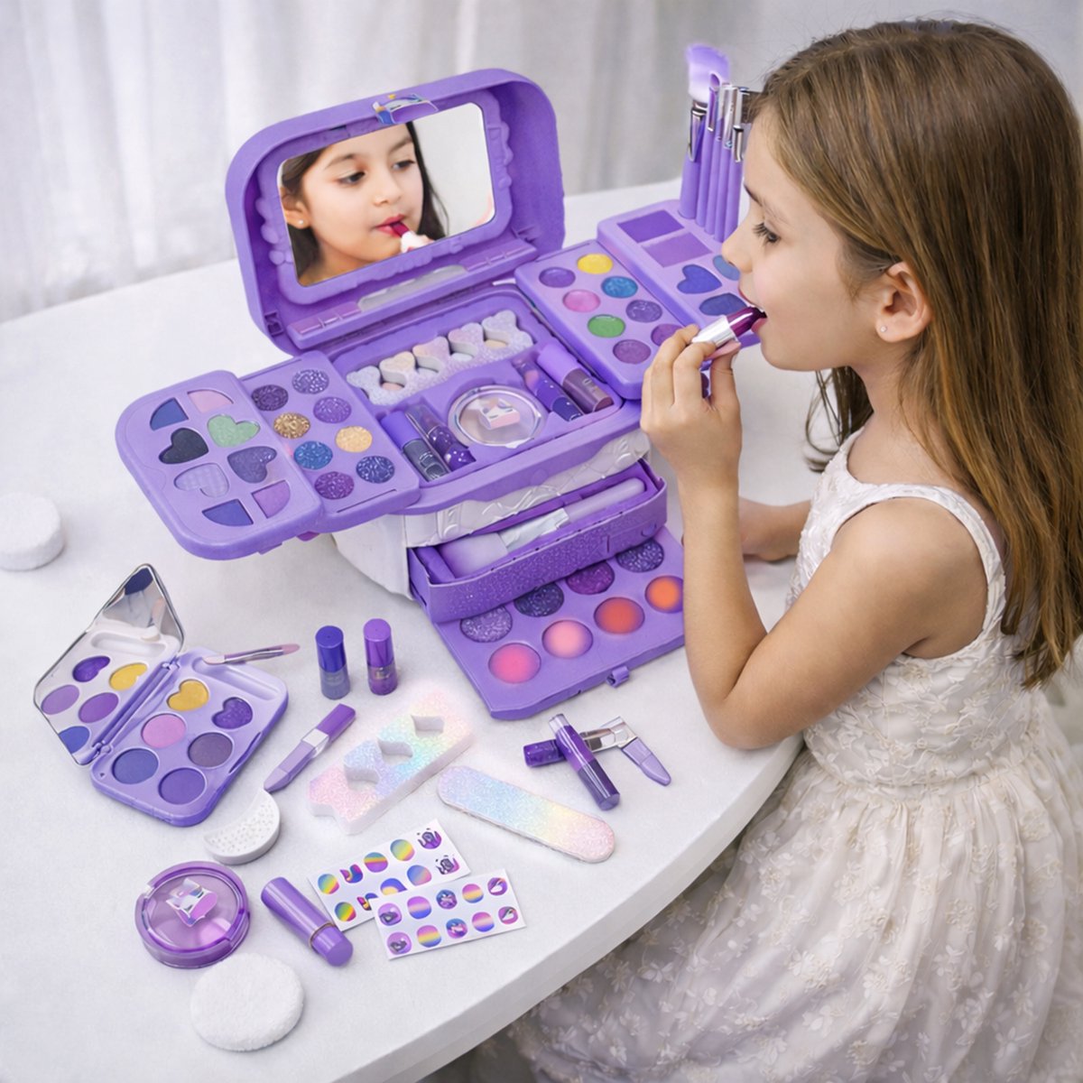 Twinsplay kinder make up - 72 Stuks - kinder make up koffer - kinder make up meisje - kinder make up tafel - kinder make up speelgoed - kinder make up set - kinder lippenstift - Paars — afbeelding 6