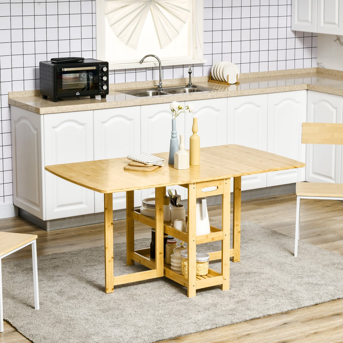 Wishdor - Klaptafel - Uitschuifbaar Met Opbergvakken - Modern - Voor Eethoek - Bamboe - Naturel - 149,5 x 80 x 73,5 cm
