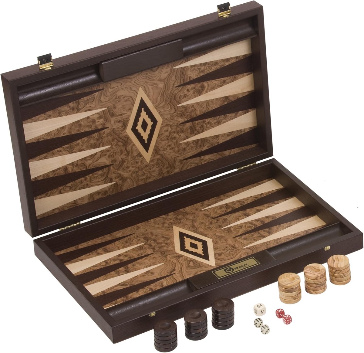 Backgammon Set - Tafelspel - Strategisch Spel - Walnoot Burl Afwerking - 47.5x60cm - Rood wit