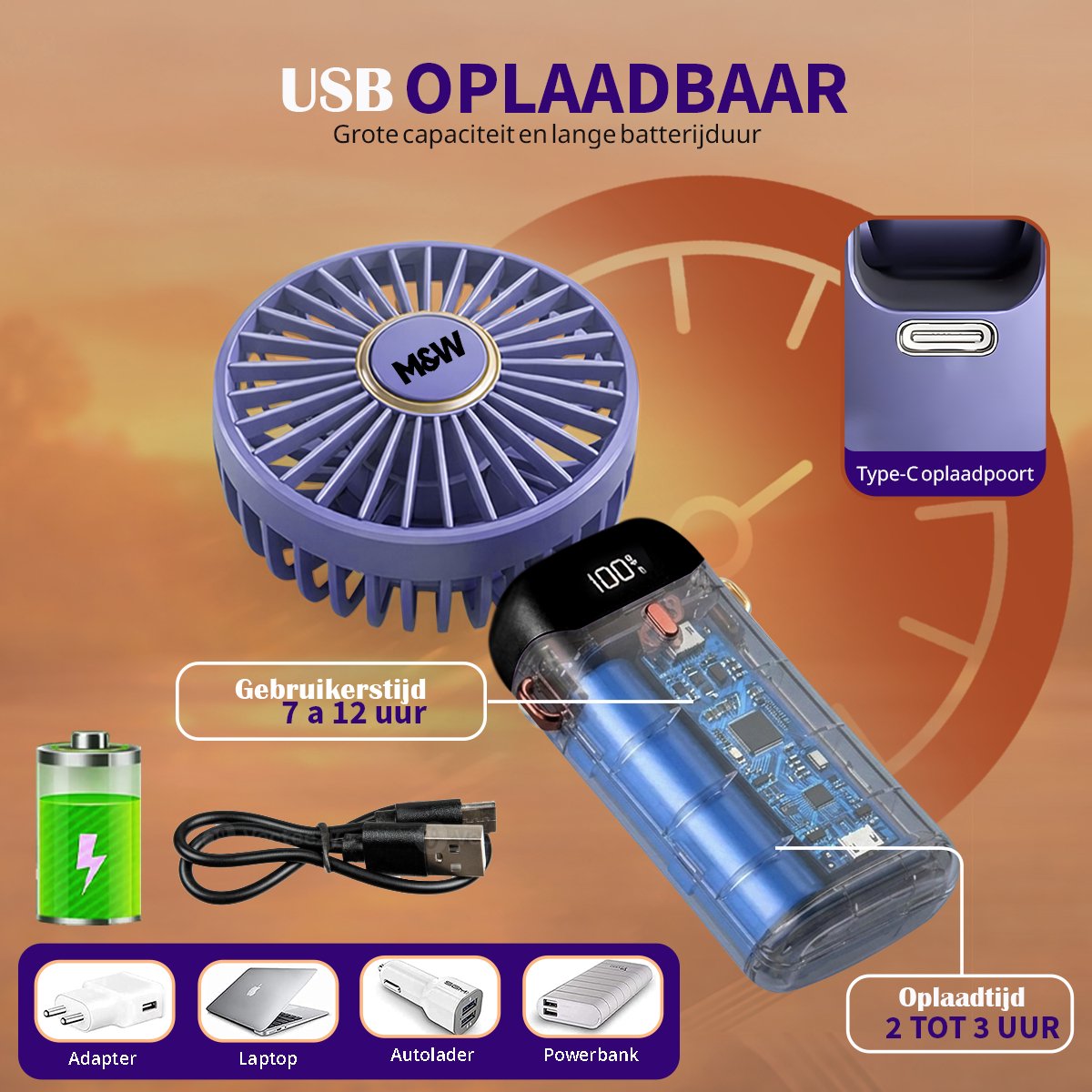 Oplaadbaar USB Handventilator - Draagbare Mini Ventilator met Standaard, Telefoonhouder en Nekkoord - 3 Standen - 3000 mAh - Voor Thuis, Kantoor, Onderweg, Vakantie en Festival - Paars — afbeelding 11
