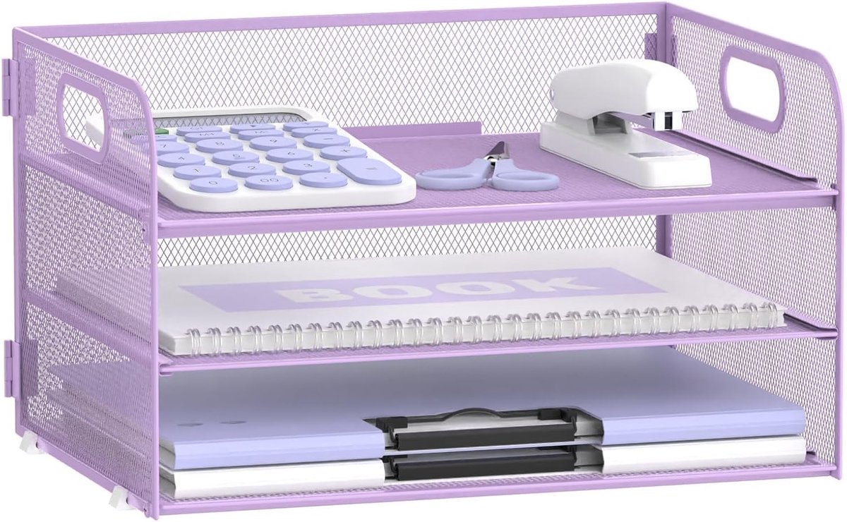Papieren Organizer - Bureau Opberger - Documenten Sorteren - Met Handvat - 3 Niveaus - Paars