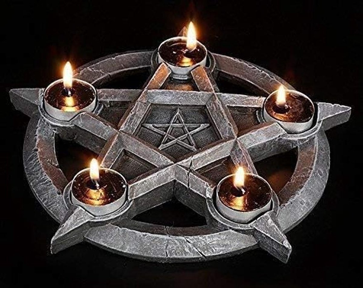 Theelichthouder Pentagram - Heksen Magie Kandelaar - Altar Decoratie - Voor Vijf Kaarsen - 27 Centimeter Diameter - Zwart