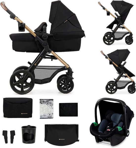 Zwarte kinderwagen met gouden frame, een reiswieg en autostoeltje. Diverse accessoires.