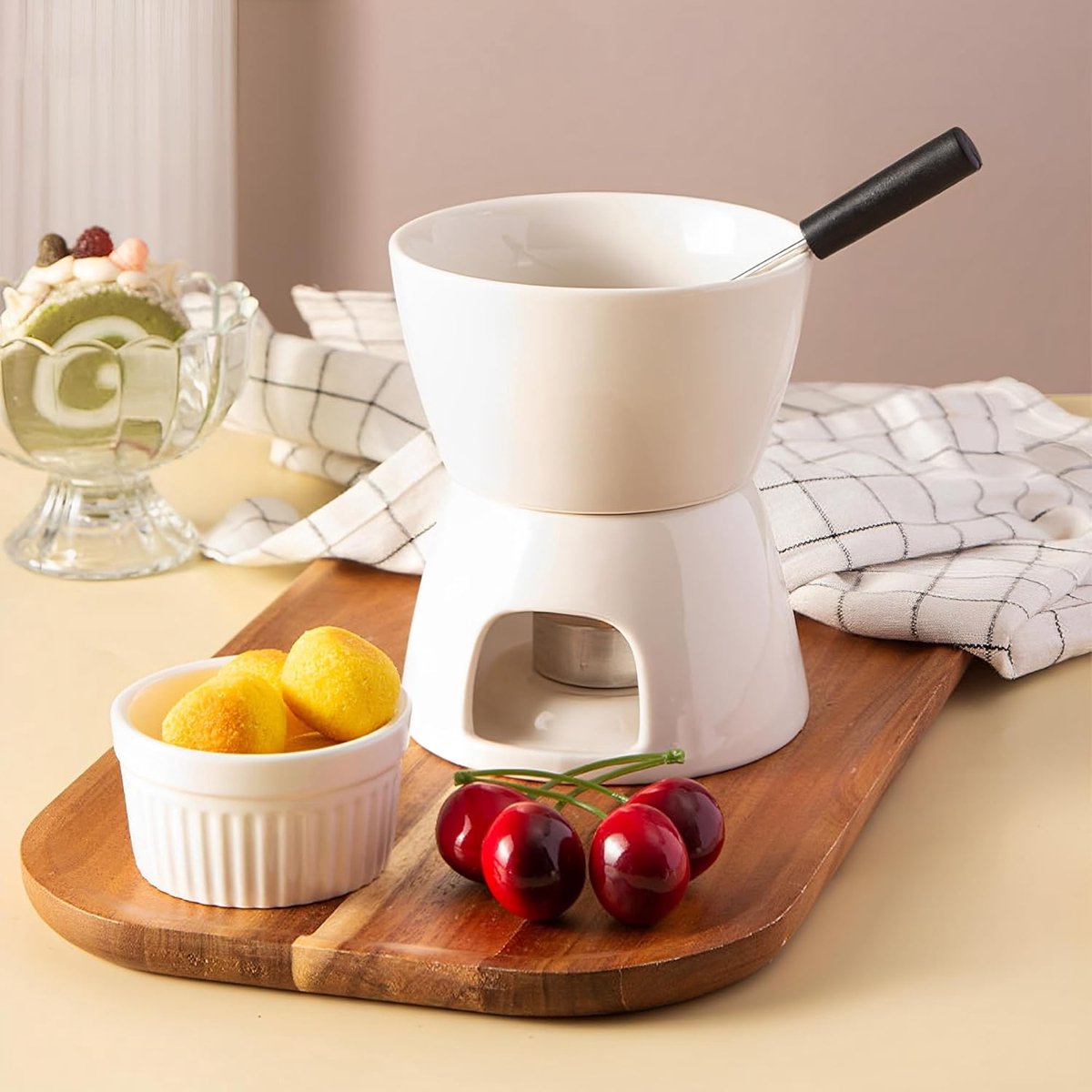 Kaasfondue Set - Met Waxine Kaars Inbegrepen - Fonduepan - Ook voor Chocolade - Chocolade Fondue - Porseleinen Fondue - Wit – foto 7