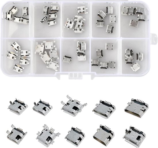 Micro Socket Types 50 Pcs 10 Types Micro USB Sockets - 180 Degree 5 Pin Dip Socket ...