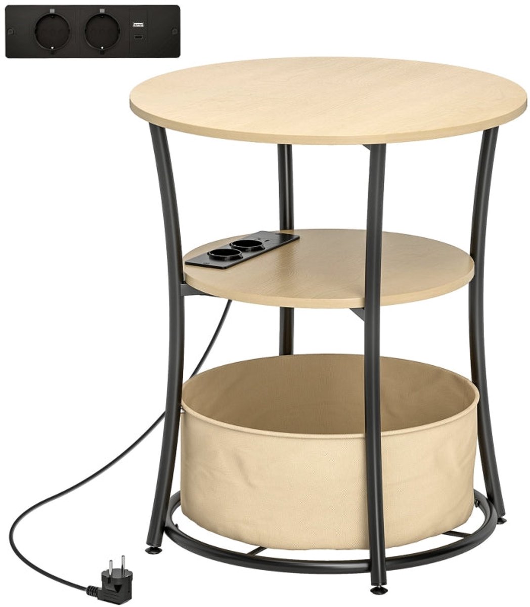 Merax Ronde Bijzettafel met Stopcontact en USB – 3-Laags Salontafel met Opbergmand – Industriële Laptoptafel – 50 cm – Hout & Zwart