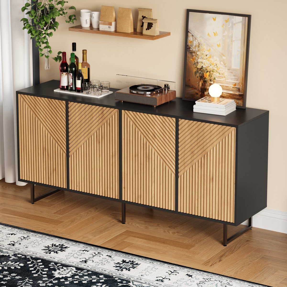 MODENUIT Dressoir - 4 Deuren Met Geribbelde Fronten - Voor Woonkamer - Spaanplaat Naturel Zwart - 160x40x75 cm