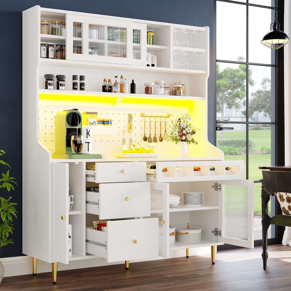 MODENUIT Hoge Kast - Verstelbare Planken, Ledverlichting En Wijnrek - Voor Keuken En Woonkamer - Wit - 145x39x171 Cm