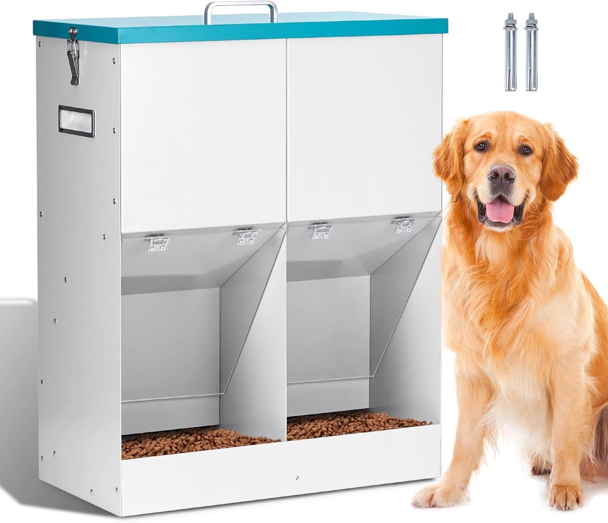 Dubbele Hondenvoer Dispenser - Automatische Voerbak - Voeding Voor Twee - Zwaartekracht Voedsysteem - 46 Pond Capaciteit - Zilver