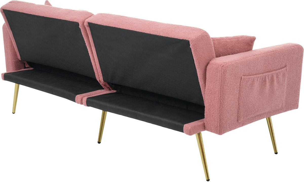 MODENUIT Slaapbank 175 x 64 x 72 cm - Verstelbare Rugleuning, Zijvakken - Voor Woonkamer En Logeerkamer - Sherpa Roze