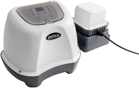 Wit Intex zoutwatersysteem met grijze basis en een bijbehorende module, getoond op een witte achtergrond.